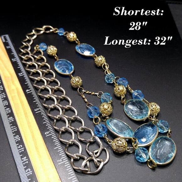 Vintage Blue Lucite Bead Necklace Gold Silver Tone Two Strand Layered 32 Inch - Picture 5 of 6